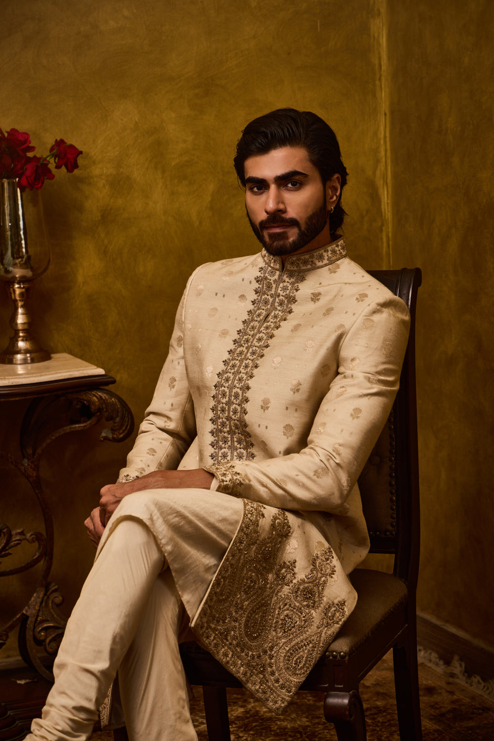 Beige Woven Monga Booti Sherwani Set