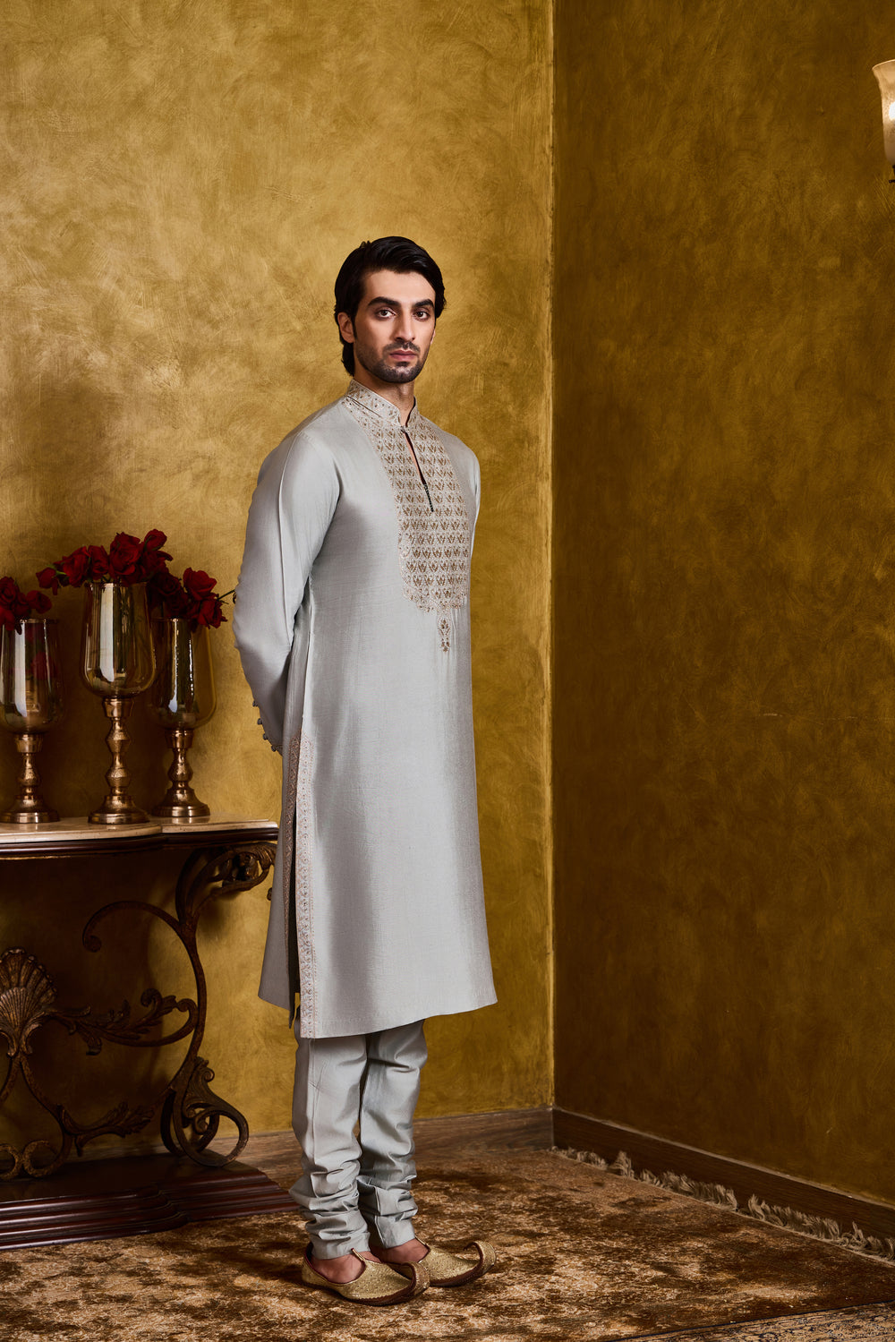 Grey Green Cotton Silk Kurta Churidar Set