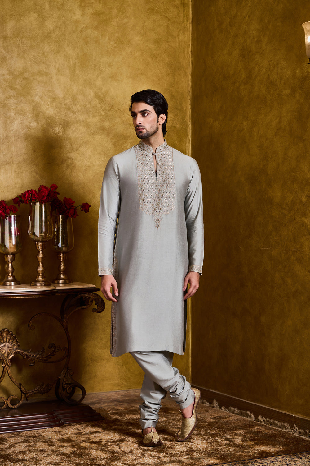 Grey Green Cotton Silk Kurta Churidar Set