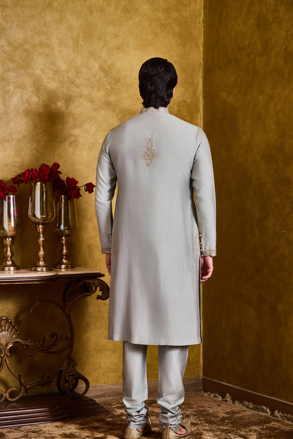 Grey Green Cotton Silk Kurta Churidar Set