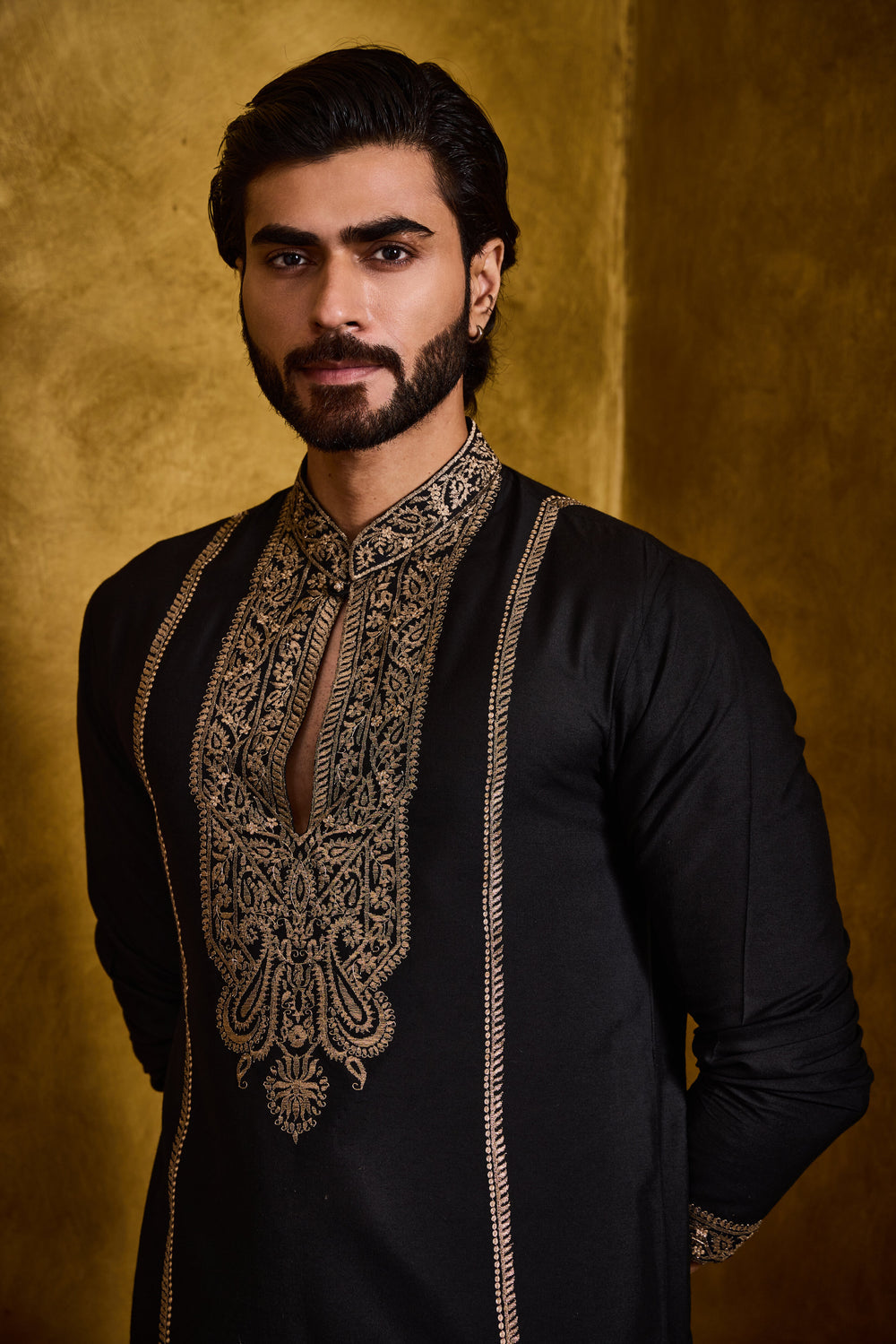 Black Cotton Silk Kurta Churidar Kasab Embroidery Set