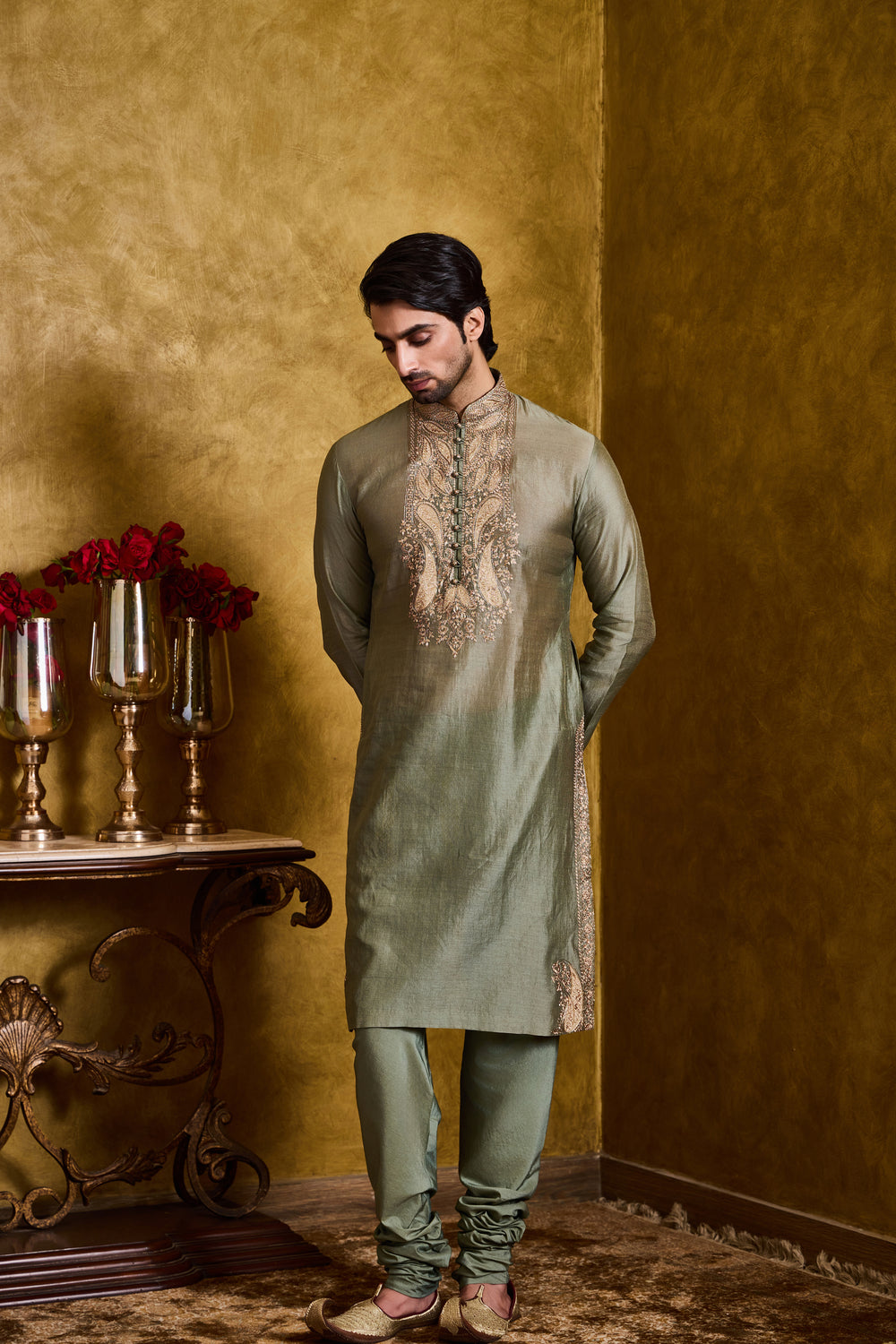 Dark Olive Green Chanderi Kurta Churidar Set