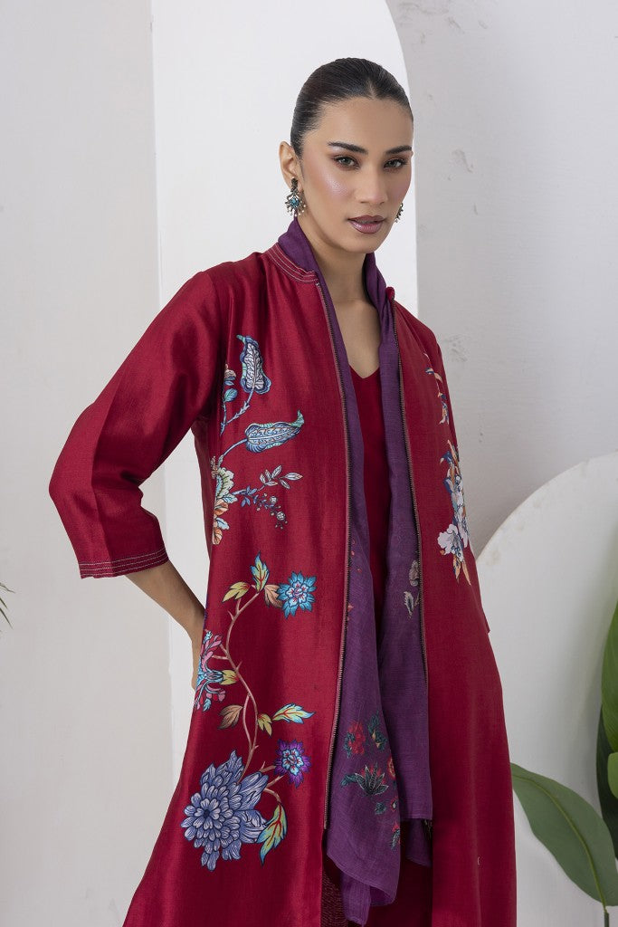 Maroon Silk Chanderi Floral Printed Front Open Dress (1 PC)