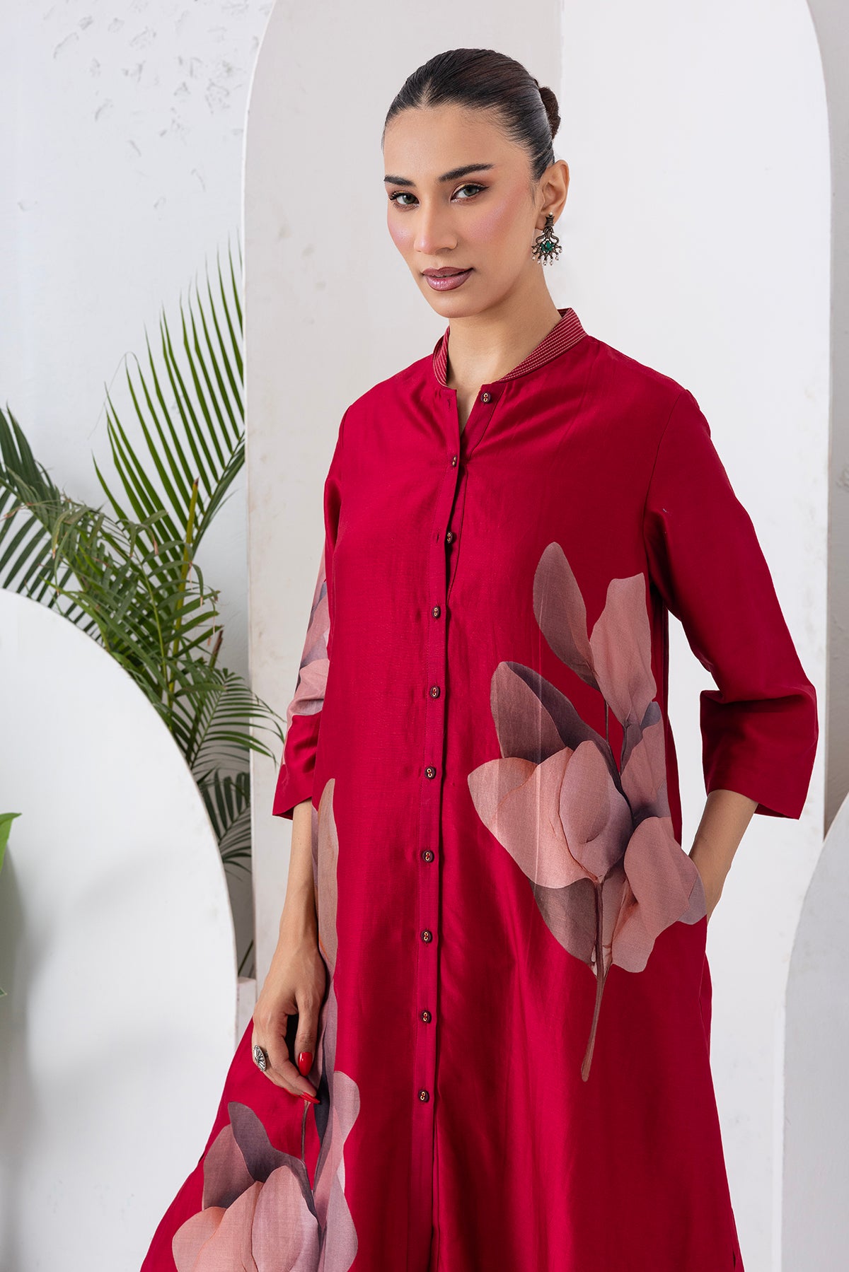 Maroon Silk Chanderi Leaf Printed Dress (1 PC)