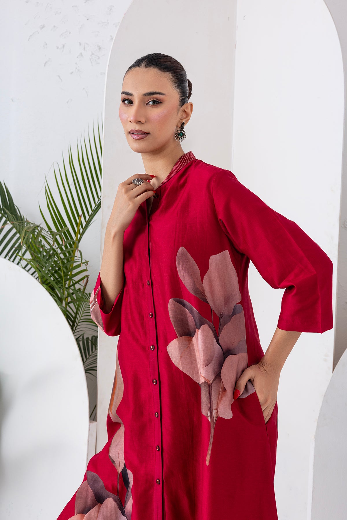 Maroon Silk Chanderi Leaf Printed Dress (1 PC)