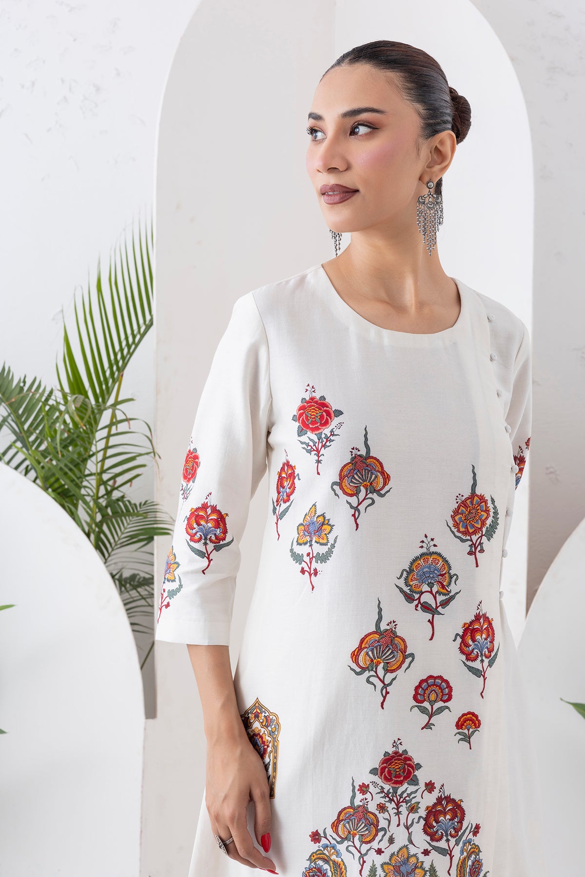 Ivory Silk Chanderi Printed Side Panel Dress (1 PC)
