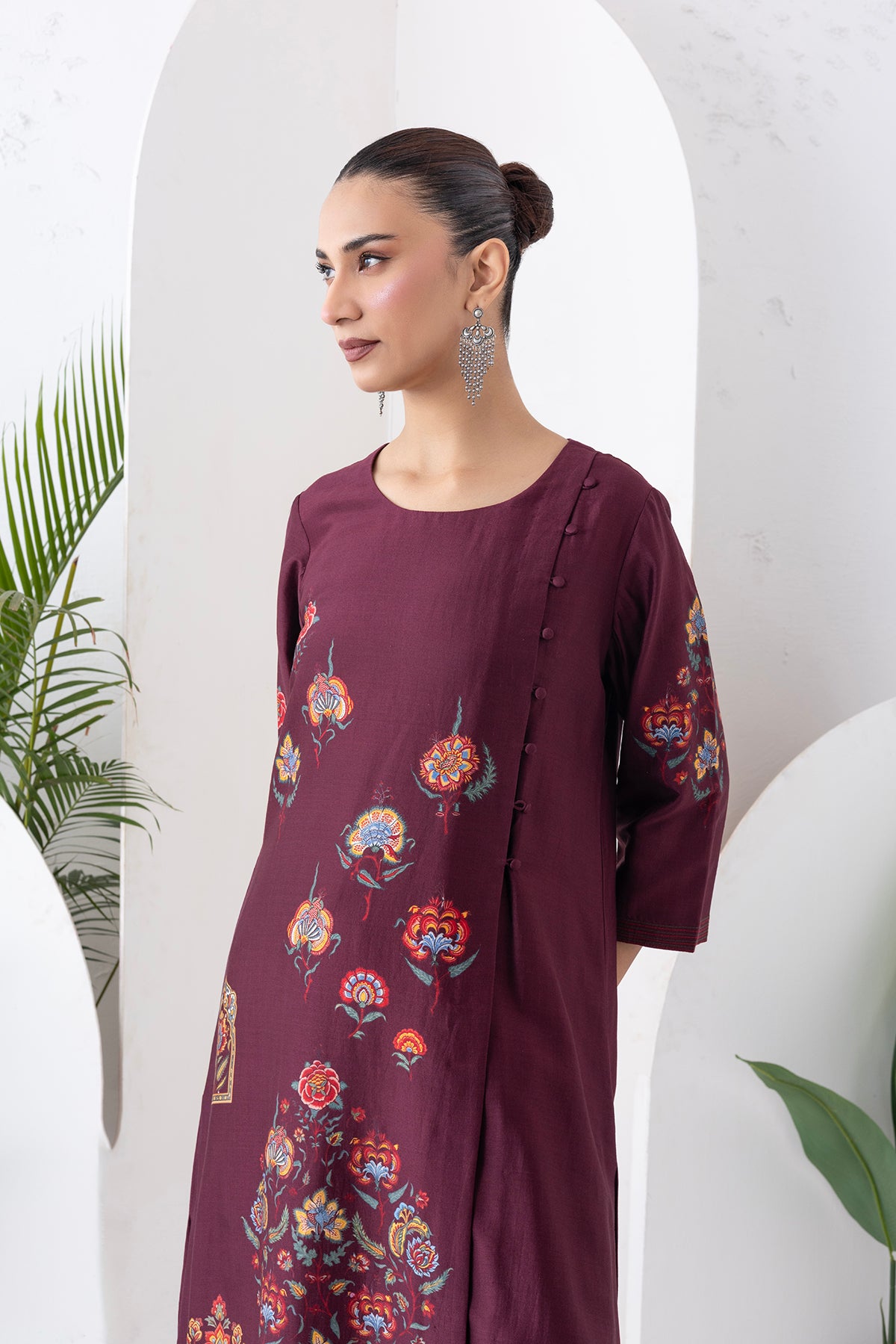 Chocolate Brown Silk Chanderi Printed Side Panel Dress (1 PC)