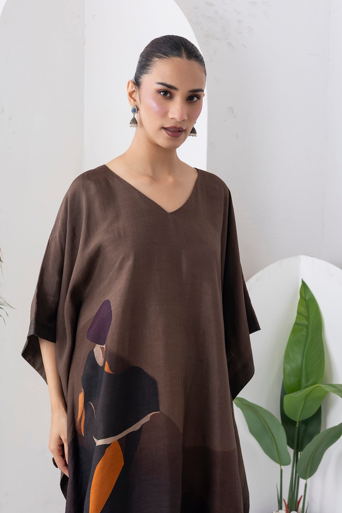 Shades Of Brown Viscose Dupion Printed Kaftan (1 PC)