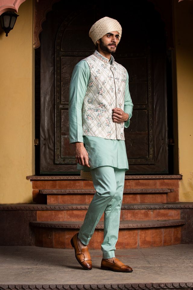Cream Matka Embroidered Jacket with Mint Green Kurta & Pants