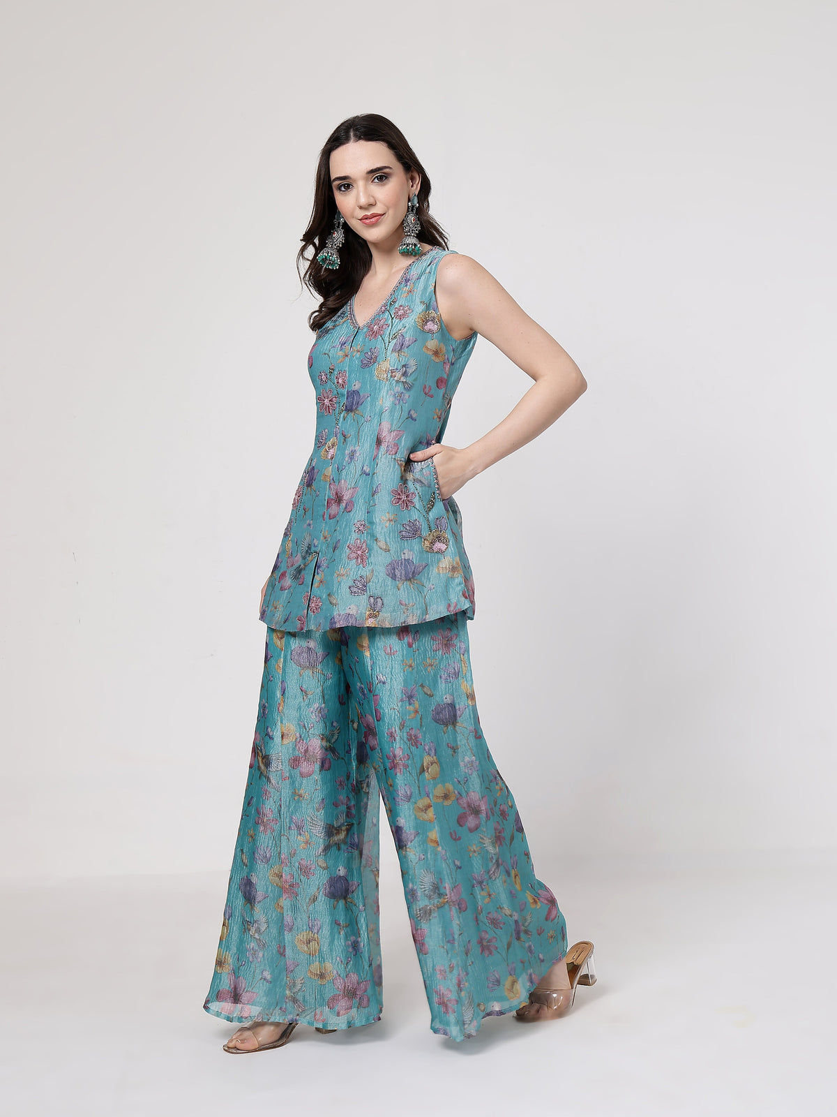 Turquoise Floral Sharara Set