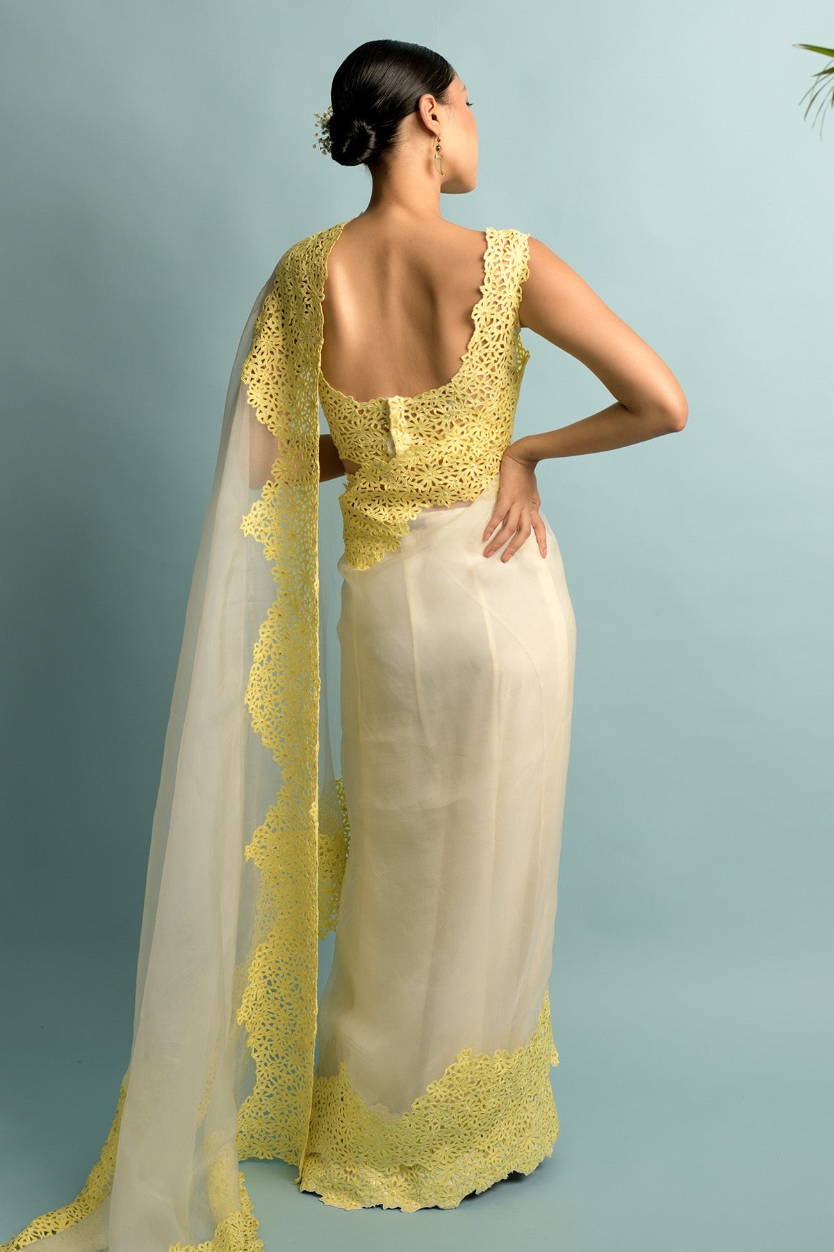 Organza Saree With Hand Cut White With Yellow Embroidered Border