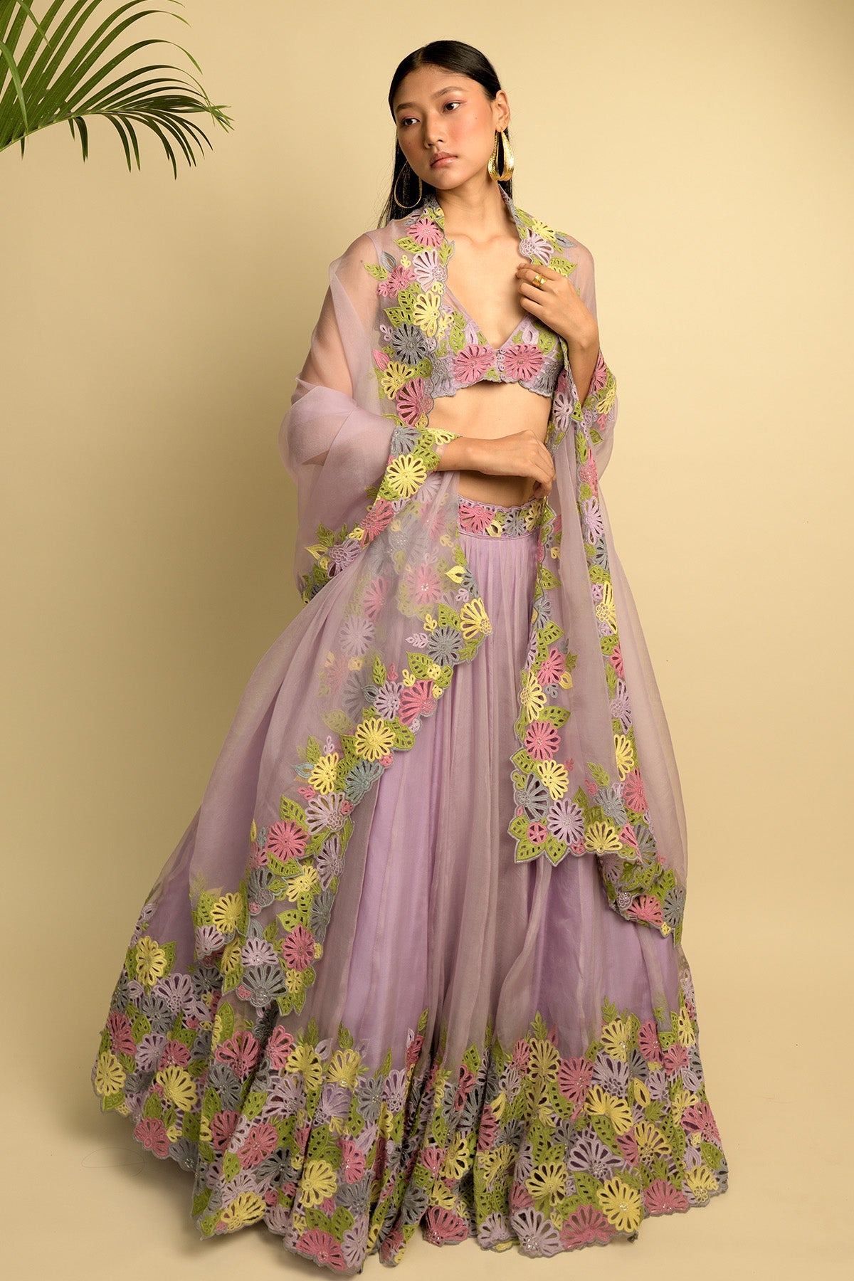 Mauve Organza Lehenga With Multicoloured Embroidery
