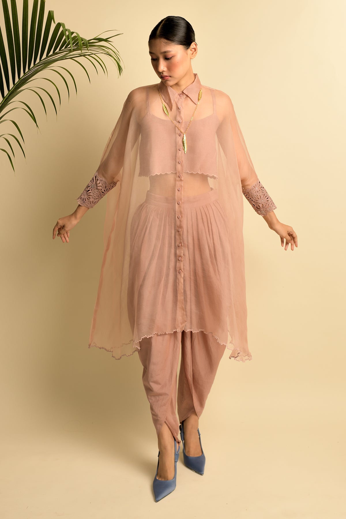 Salmon Pink Sheer Organza Kaftaan Shirt With Light Hydreangea Embroidery