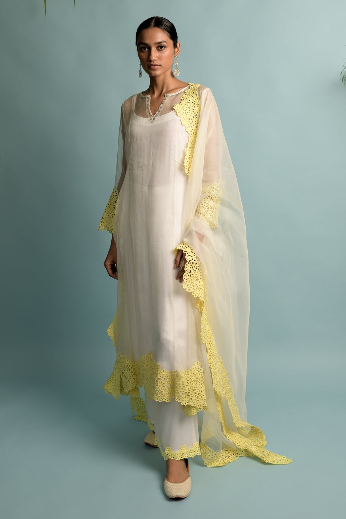 A-line Organza Creame With Yellow Kurta