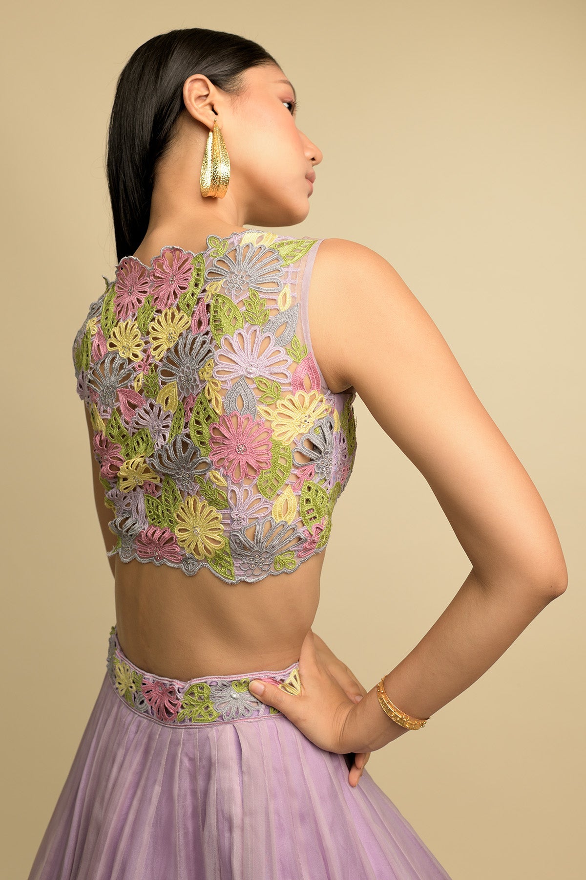 Mauve Organza Lehenga With Multicoloured Embroidery