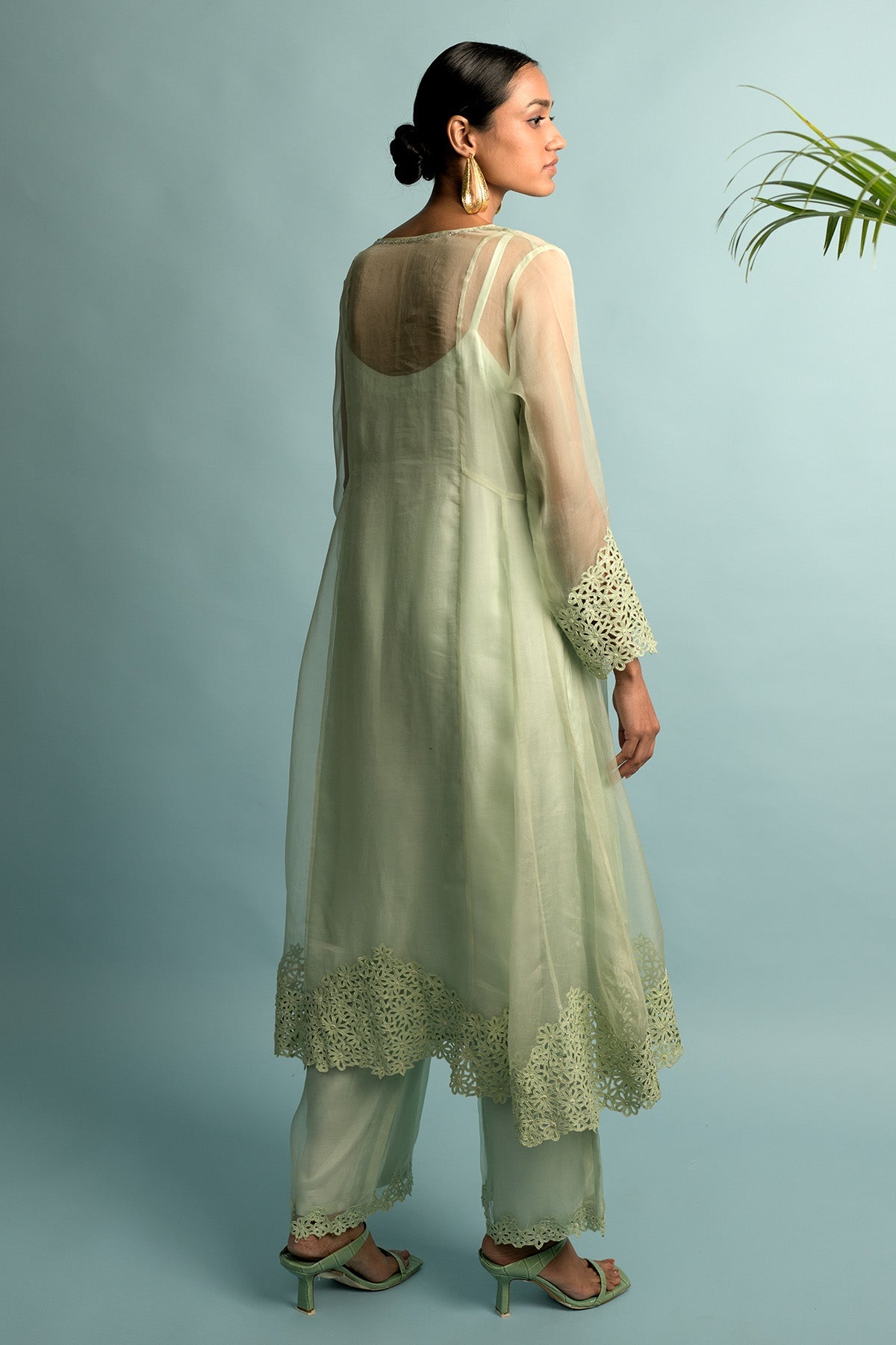 A-Line Organza Green Kurta
