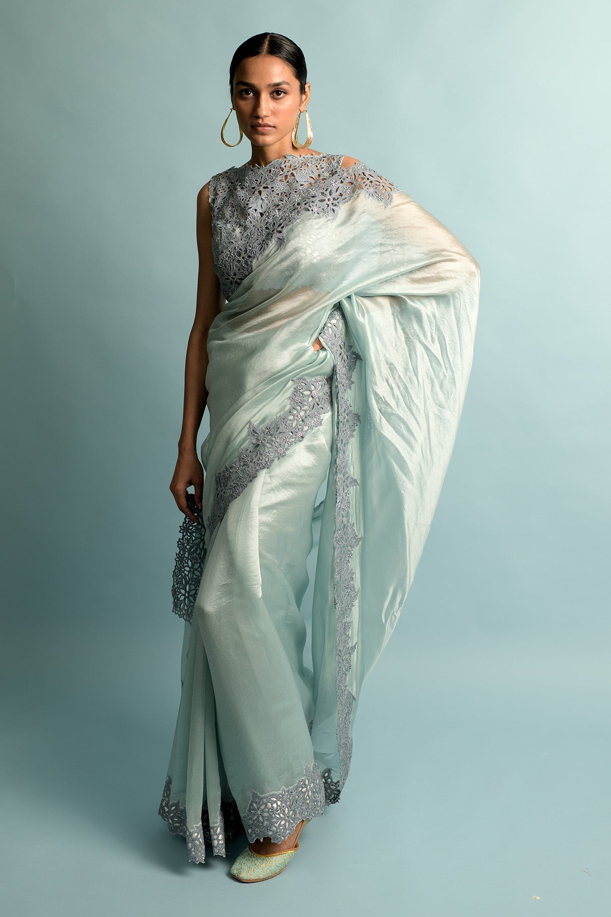 Grey Blue Organza Saree And Blouse Embroidery
