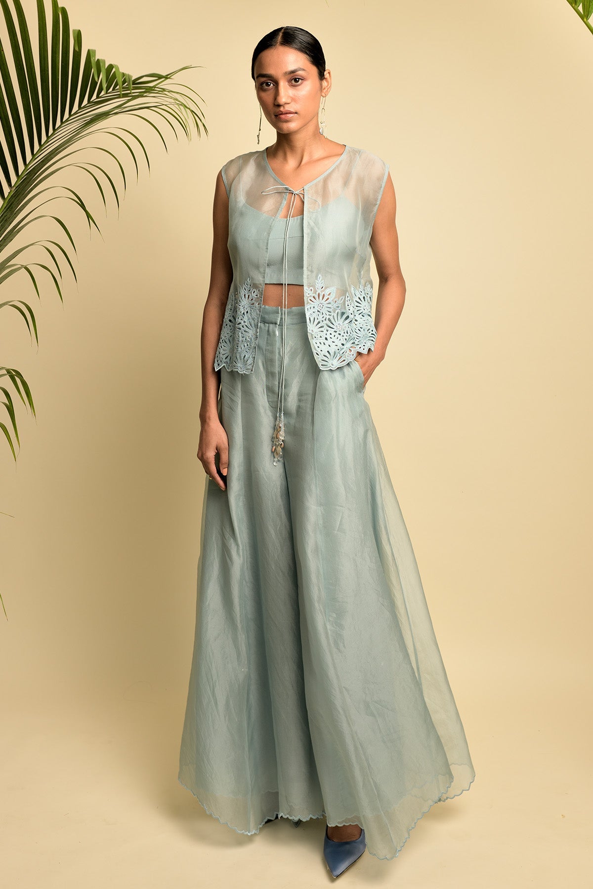 Grey Blue Sheer Organza Short Jacket With Grey Blue Embroidery