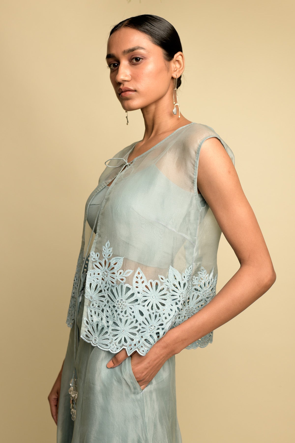 Grey Blue Sheer Organza Short Jacket With Grey Blue Embroidery