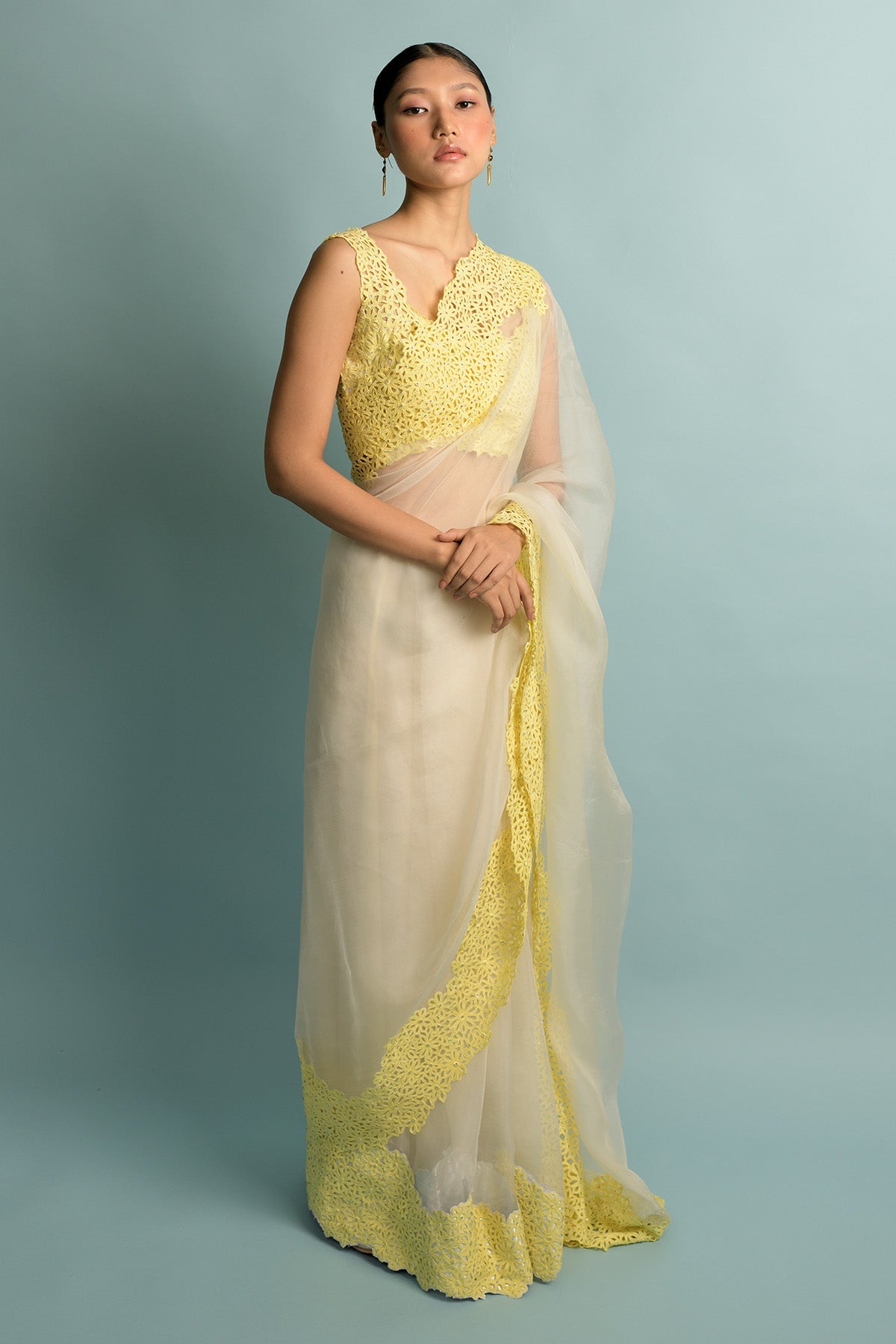 Organza Saree With Hand Cut White With Yellow Embroidered Border