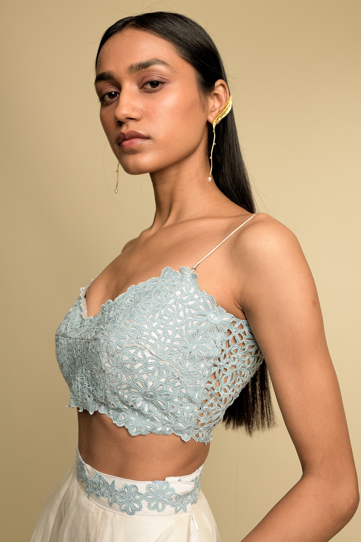 White Organza Skirt With Blue Embroidery