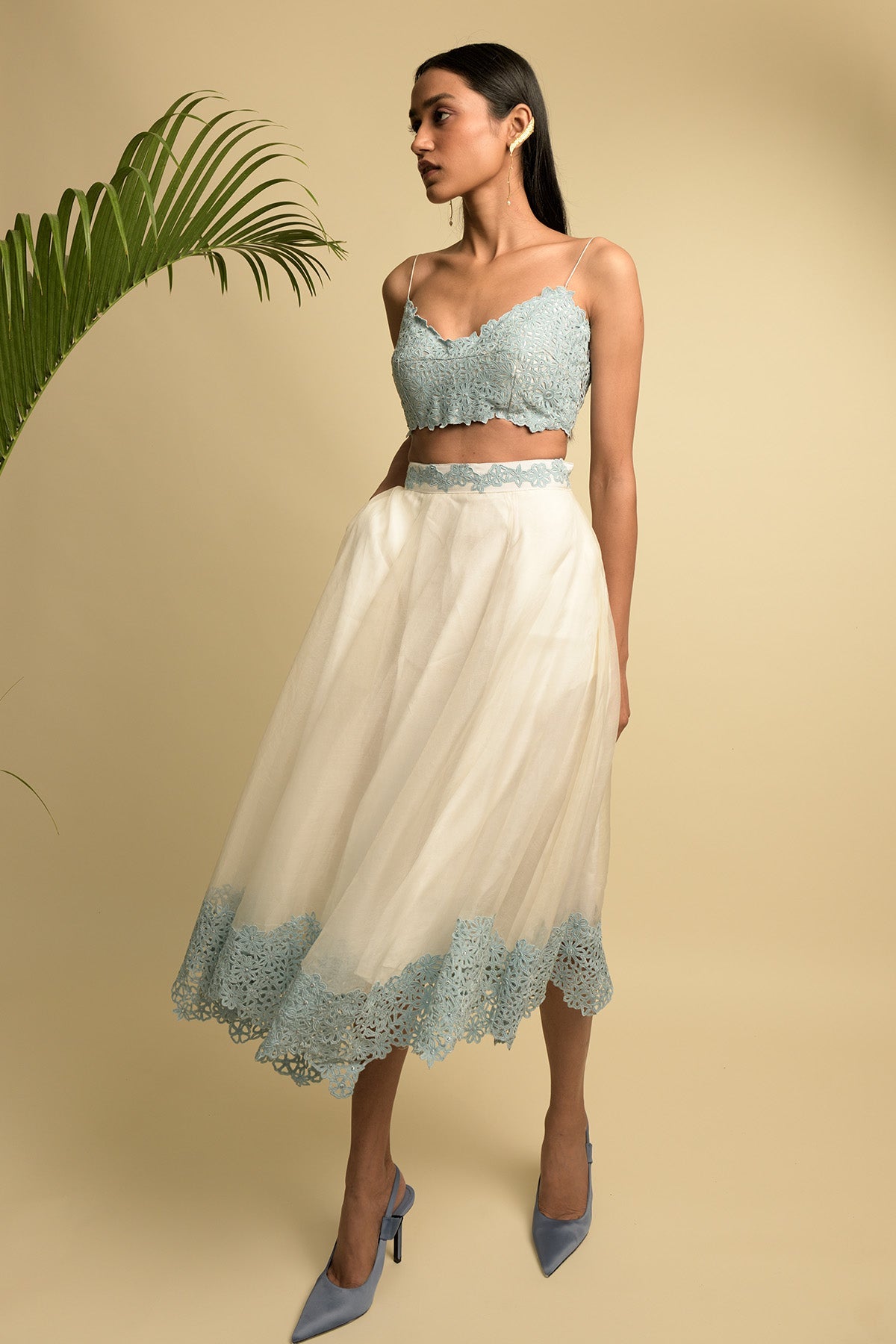 White Organza Skirt With Blue Embroidery