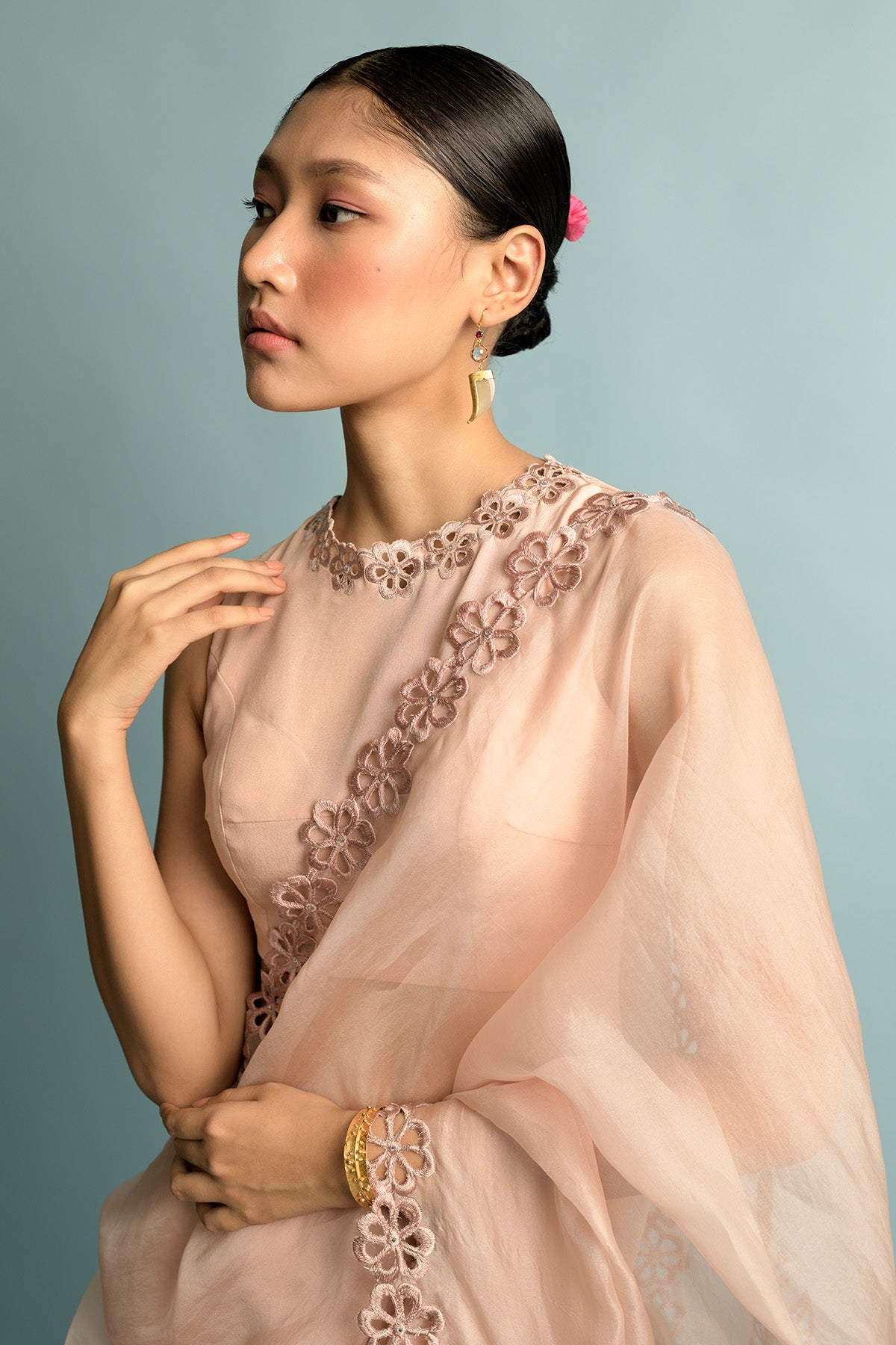 Salmon Pink Organza Saree With Salmon Pink Embroidery