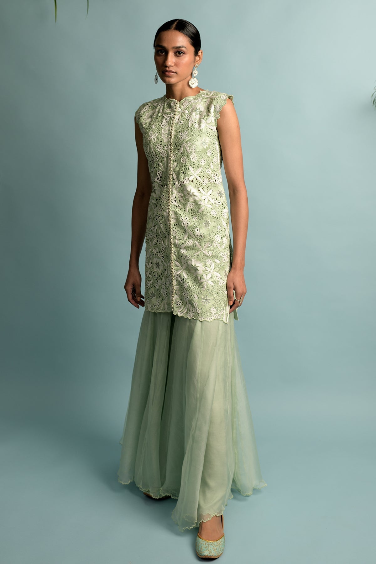Green Organza Gharara And Kurta Embroidery