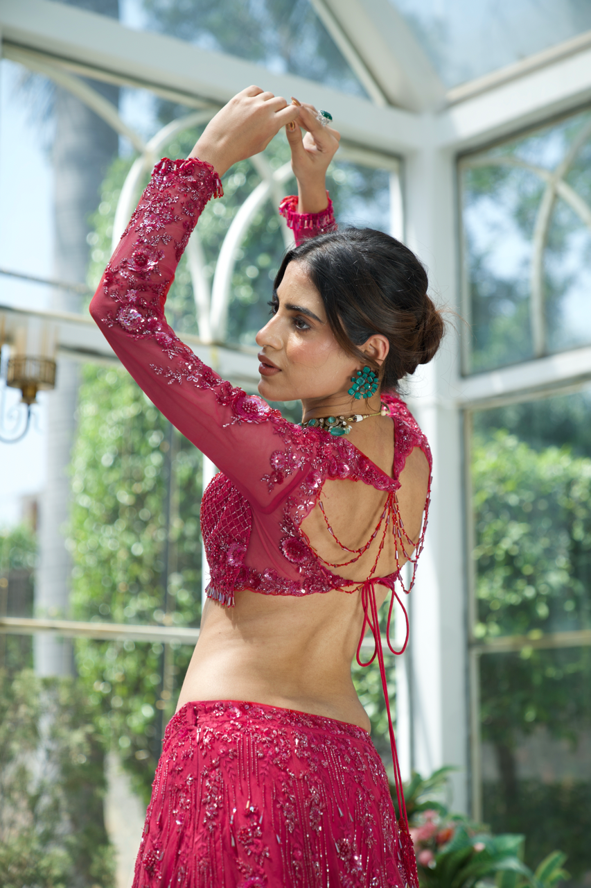 Grihagaman Red Pink Ombre Embroidered Lehenga set