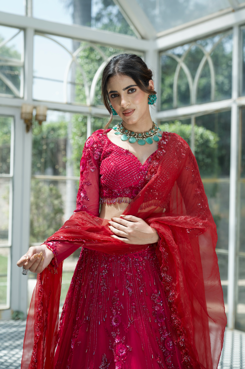 Grihagaman Red Pink Ombre Embroidered Lehenga set