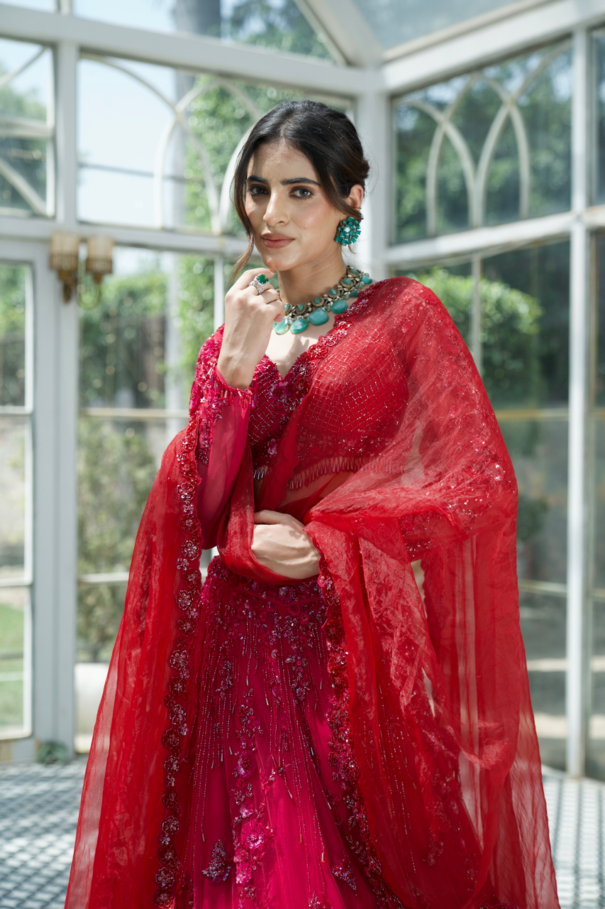 Grihagaman Red Pink Ombre Embroidered Lehenga set