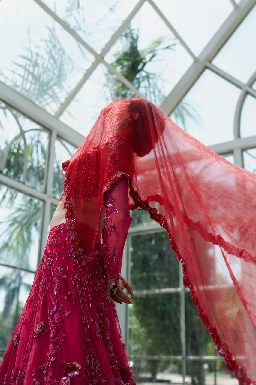 Grihagaman Red Pink Ombre Embroidered Lehenga set