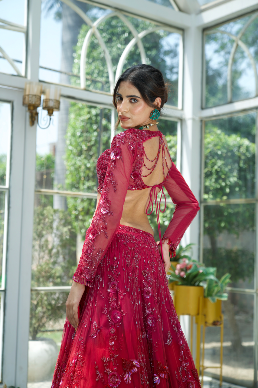 Grihagaman Red Pink Ombre Embroidered Lehenga set