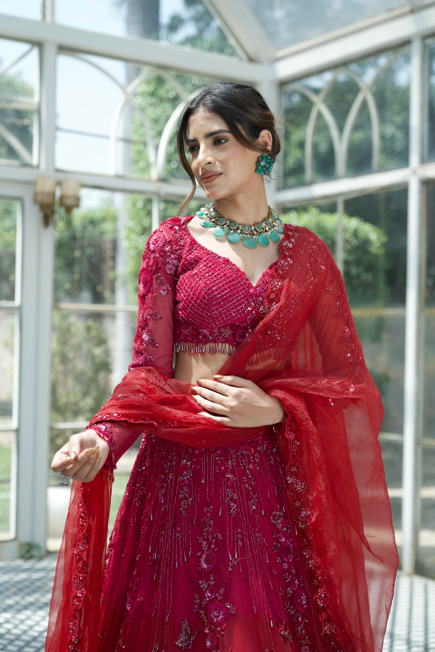 Grihagaman Red Pink Ombre Embroidered Lehenga set