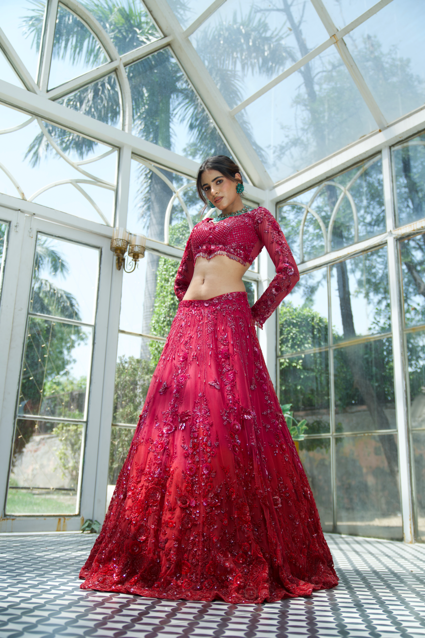 Grihagaman Red Pink Ombre Embroidered Lehenga set