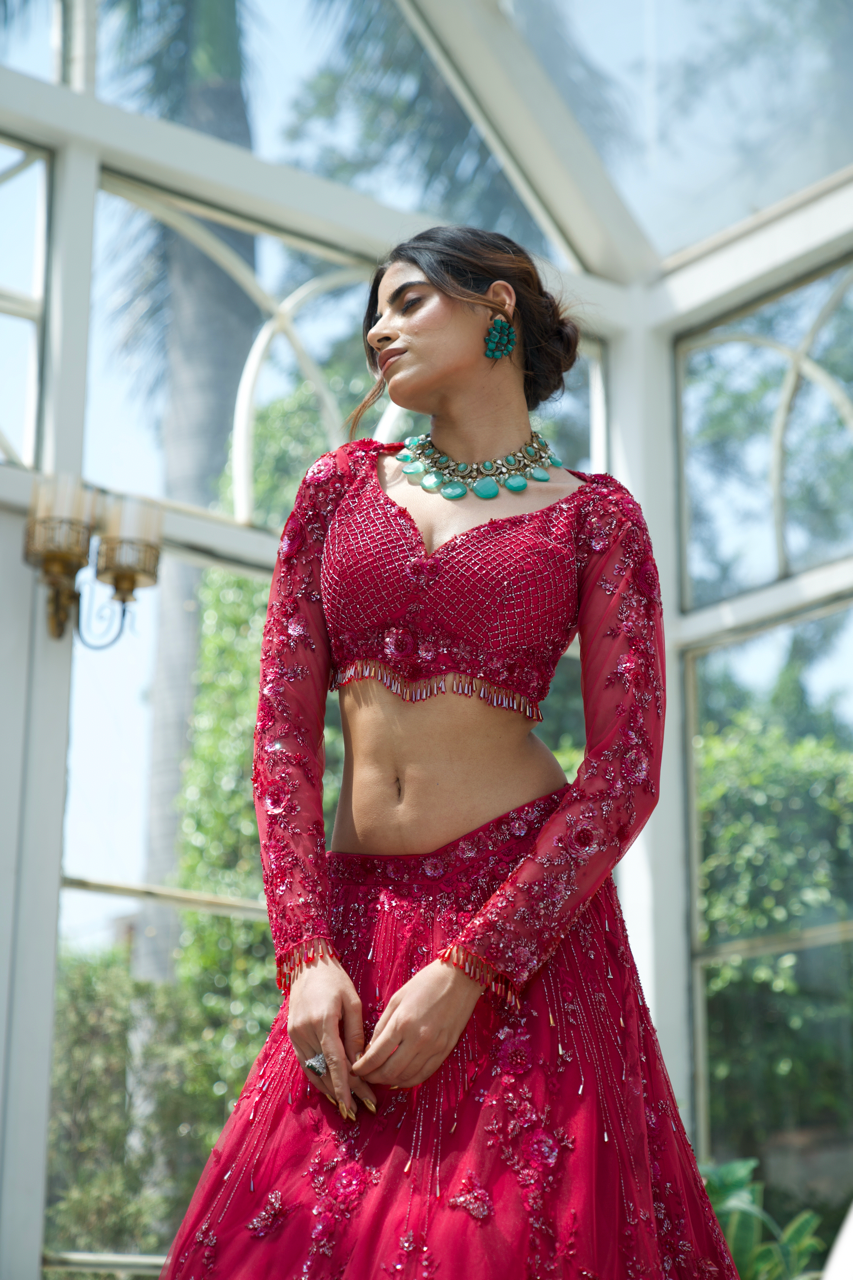Grihagaman Red Pink Ombre Embroidered Lehenga set
