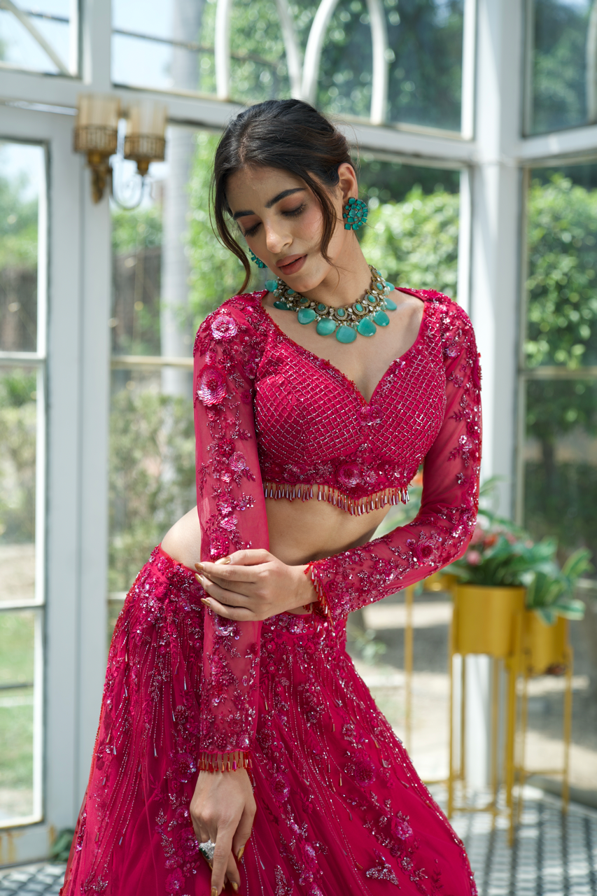 Grihagaman Red Pink Ombre Embroidered Lehenga set