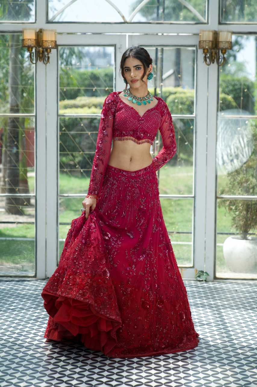 Grihagaman Red Pink Ombre Embroidered Lehenga set