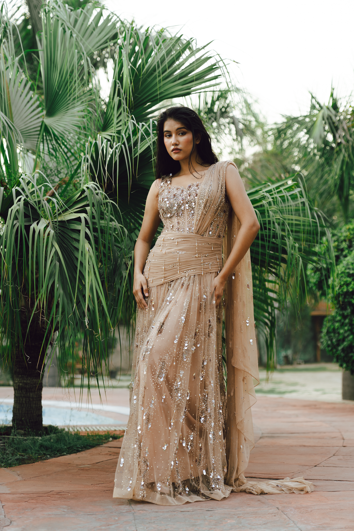 Pehli Boond Beige embroidered Draped Saree Gown