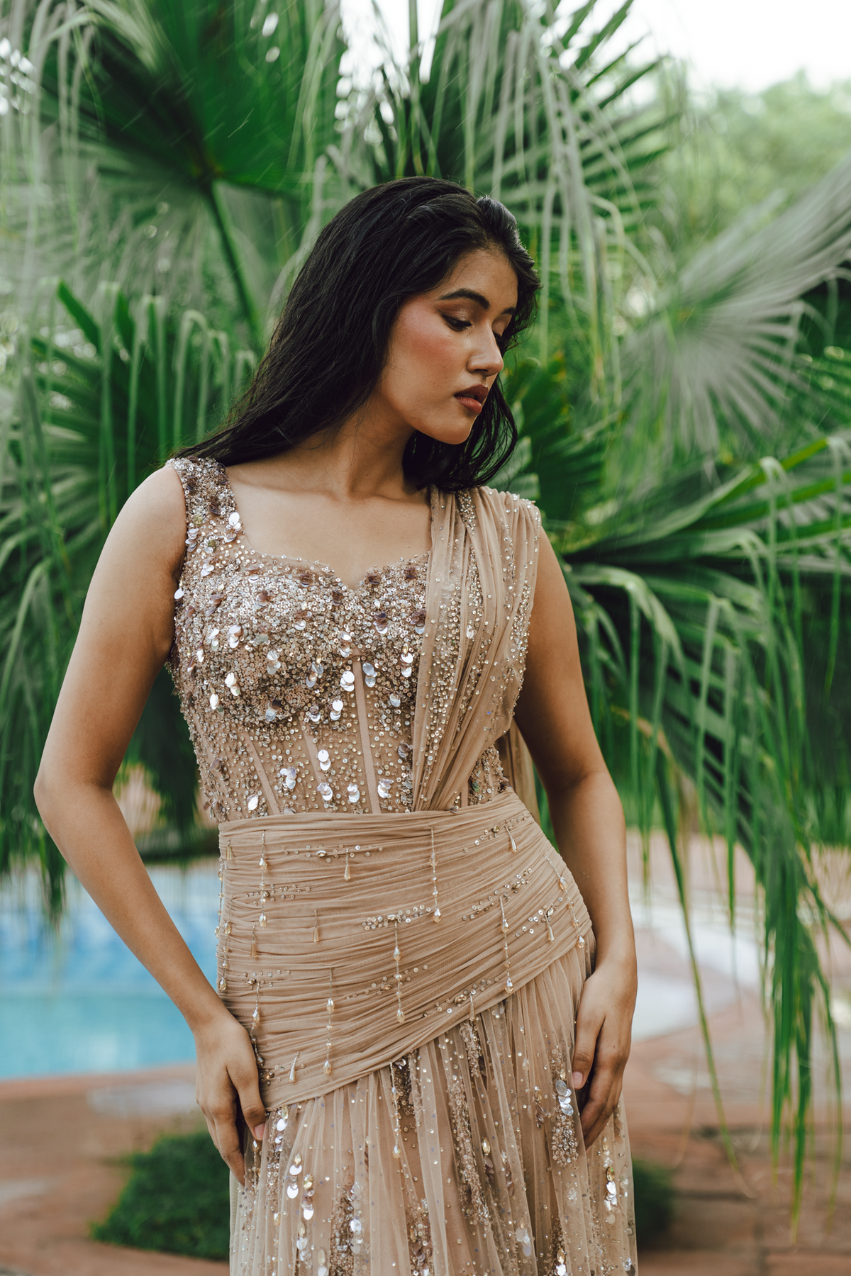 Pehli Boond Beige embroidered Draped Saree Gown