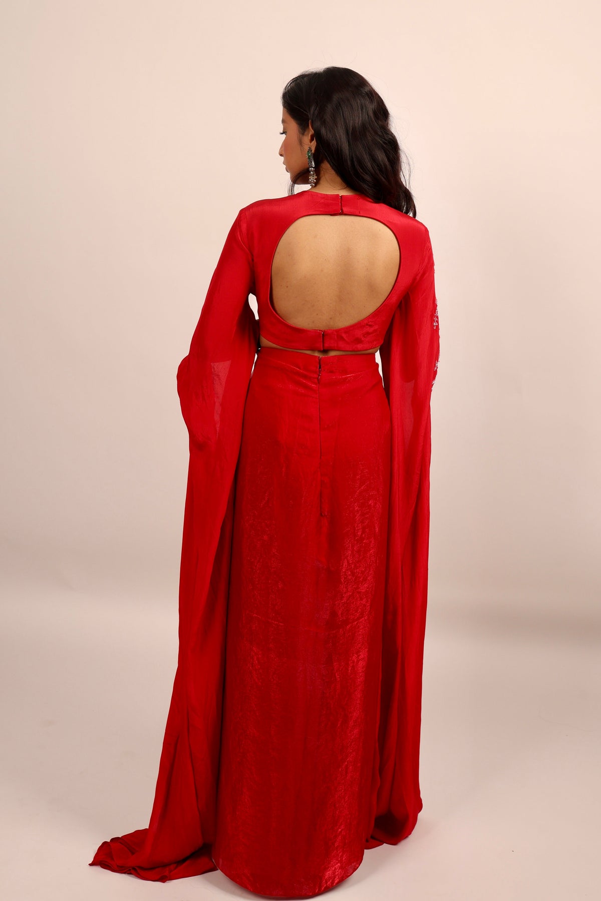 Red Draped Skirt with Statement sleeves top