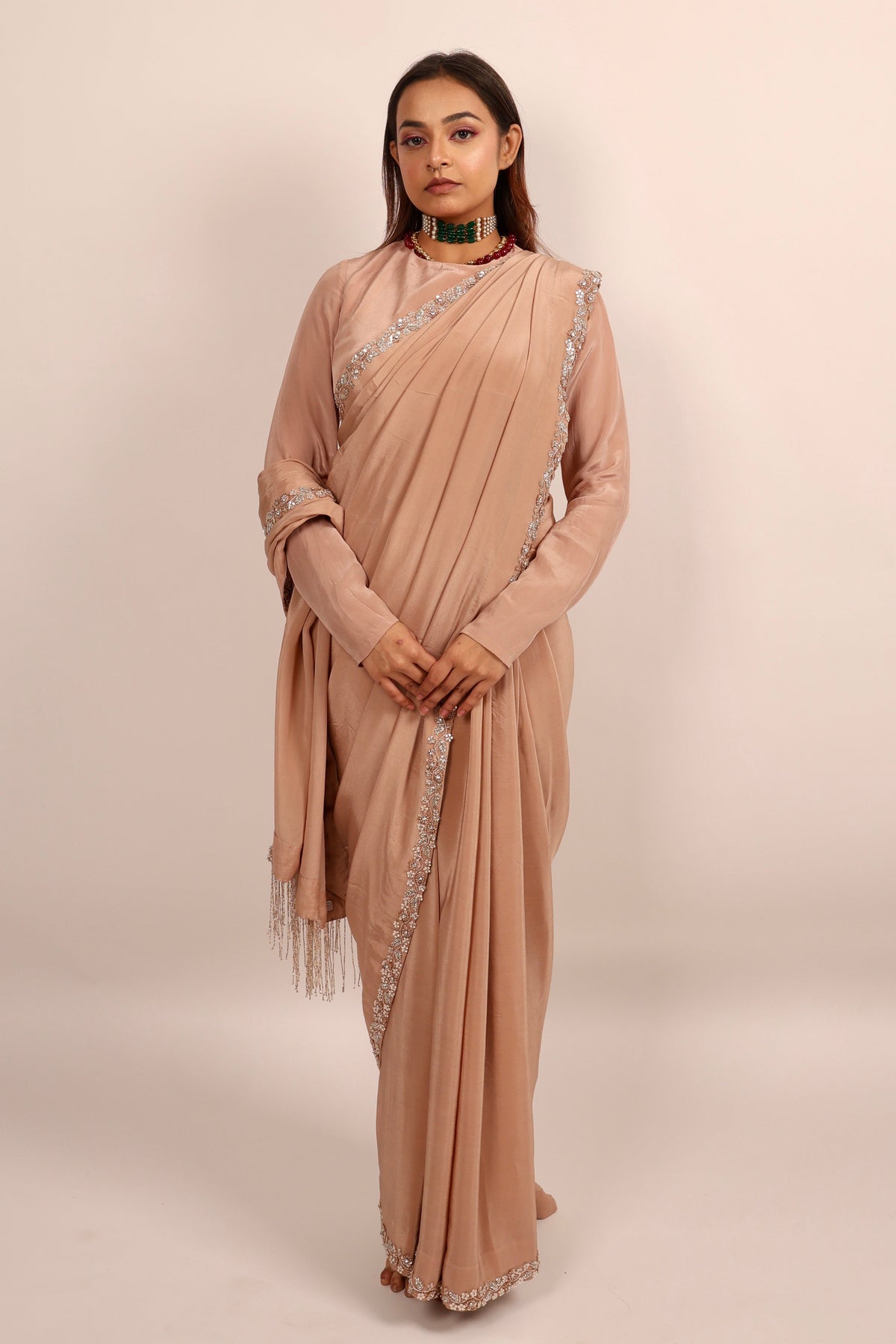 Beige saree with blouse