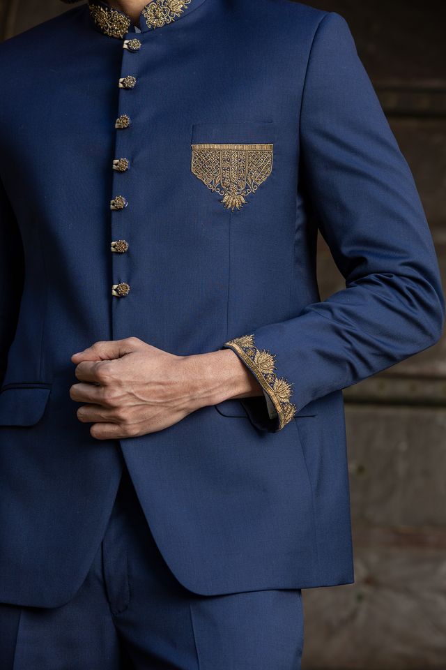 Navy Blue Jodhpuri Suit Zardozi Embroidered