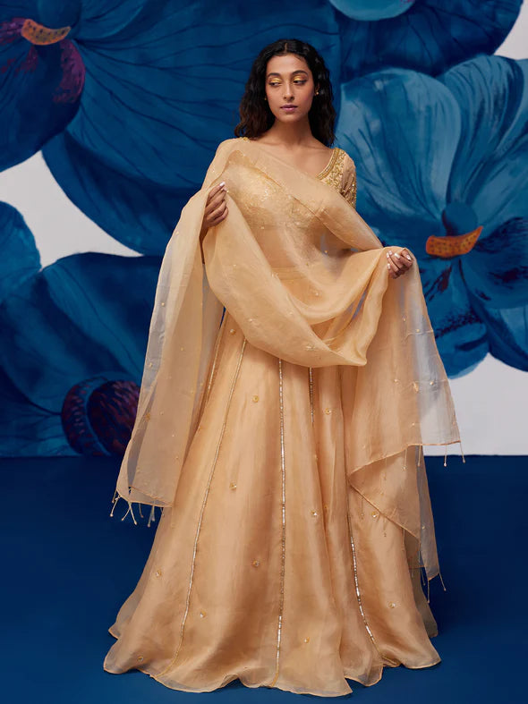 Imperial Golden Silk Organza Lehenga Set