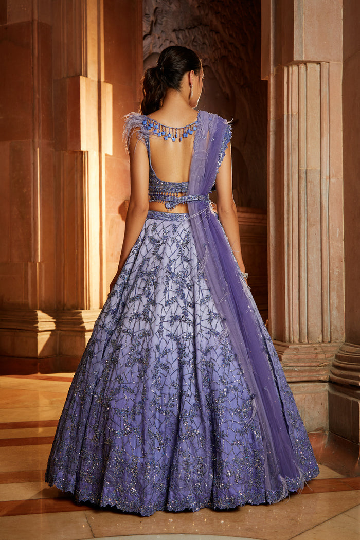 Ink Blue Ombré Organza Choli Dupatta with Worked Belt