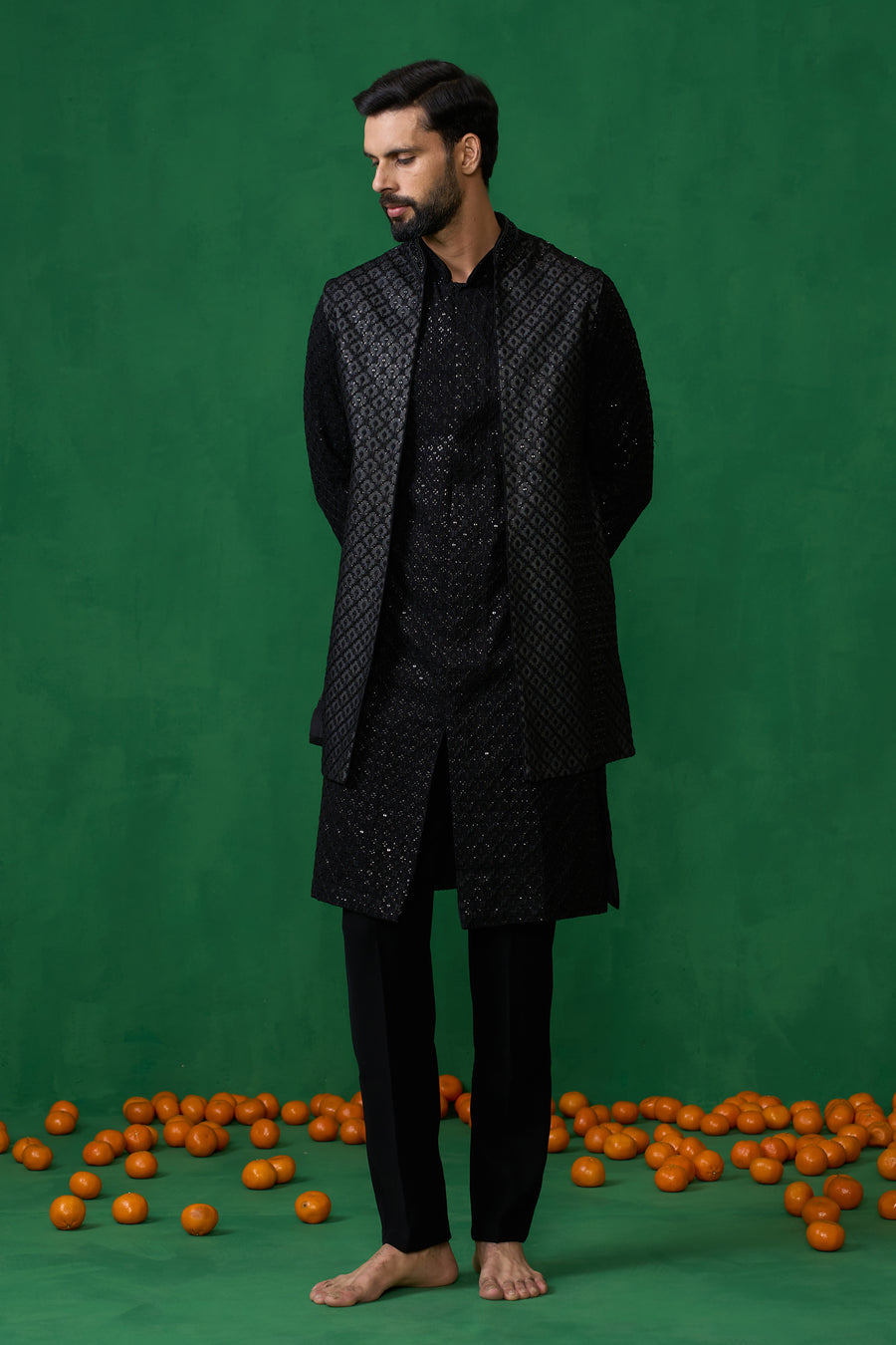 EMBROIDERED BLACK KURTA JACKET SET
