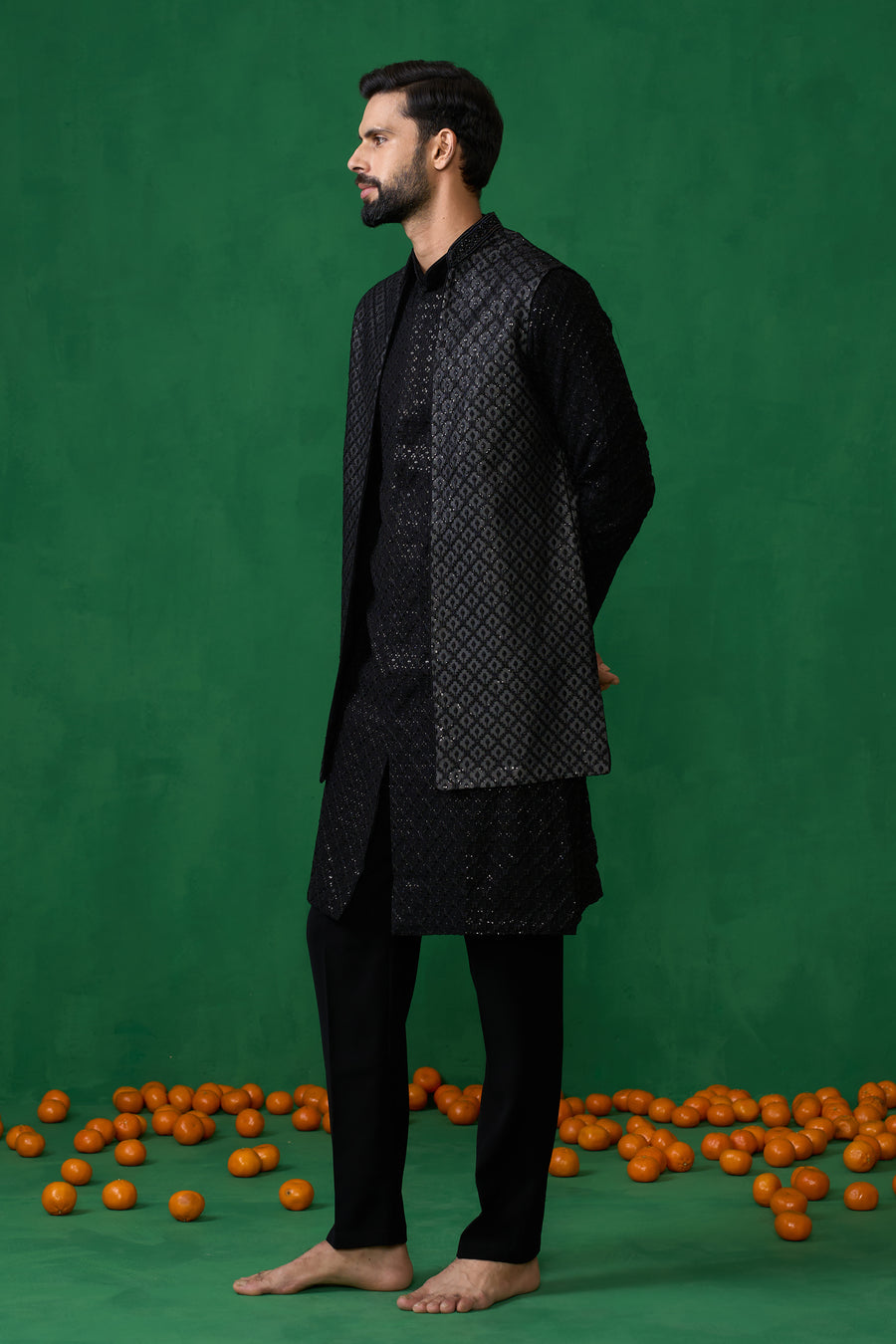 EMBROIDERED BLACK KURTA JACKET SET