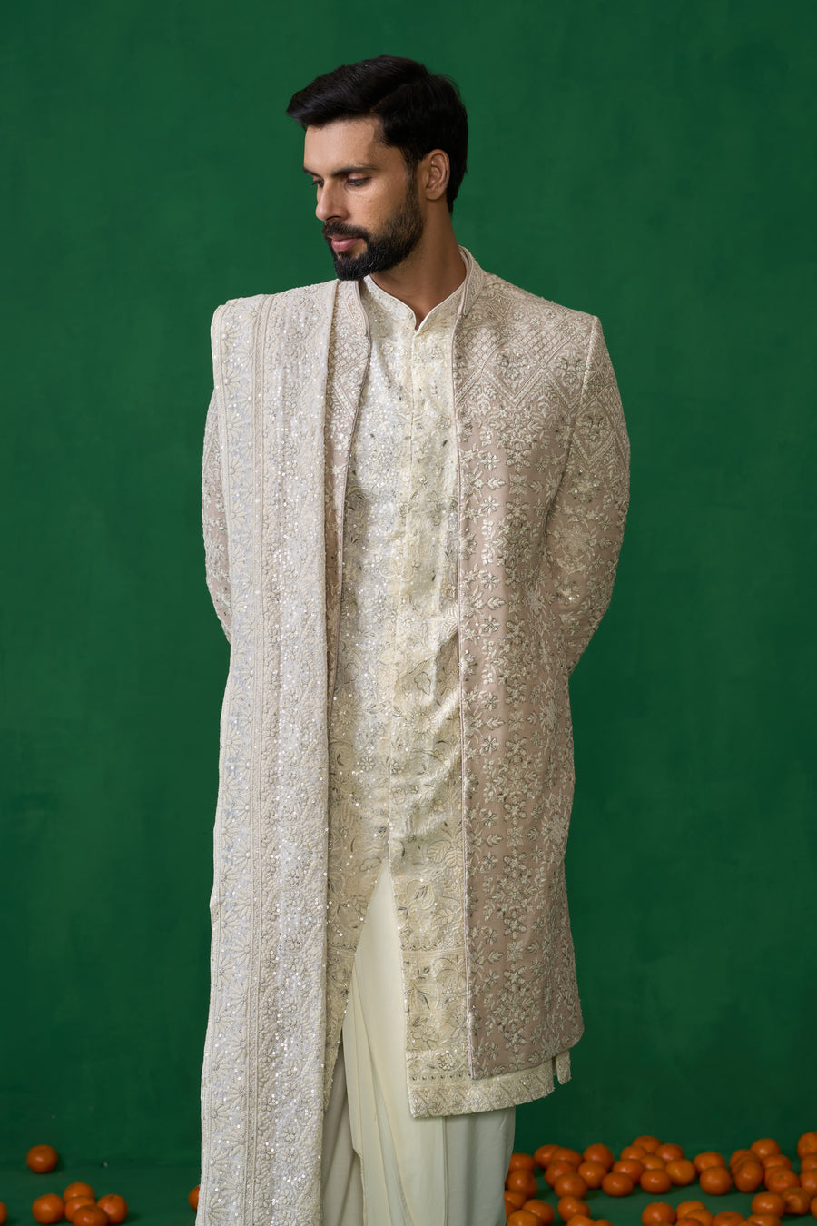 FLORAL BIEGE SHERWANI SET