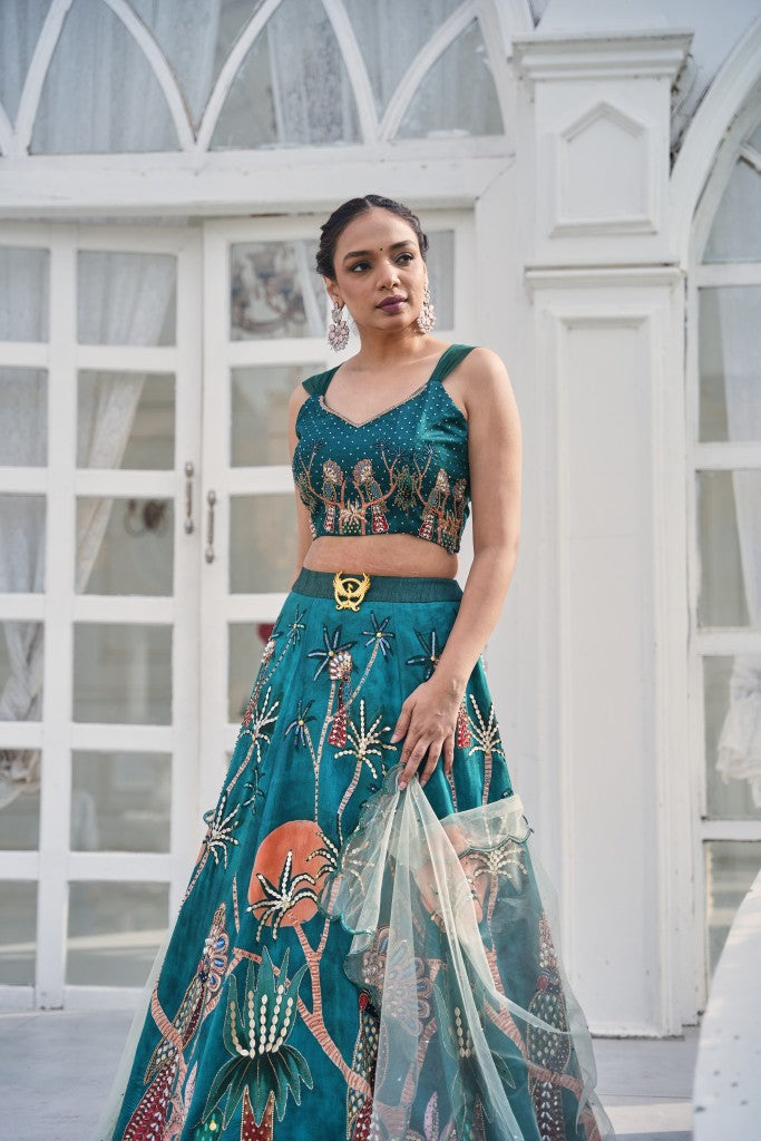 merald Oasis Hand-Embroidered Lehenga Set