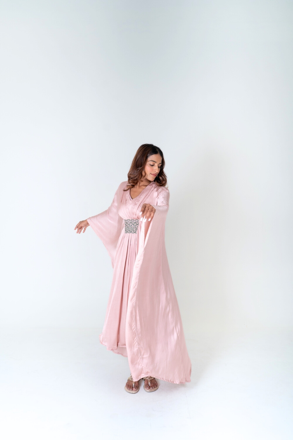 Pink-Green Braided Long Kaftan